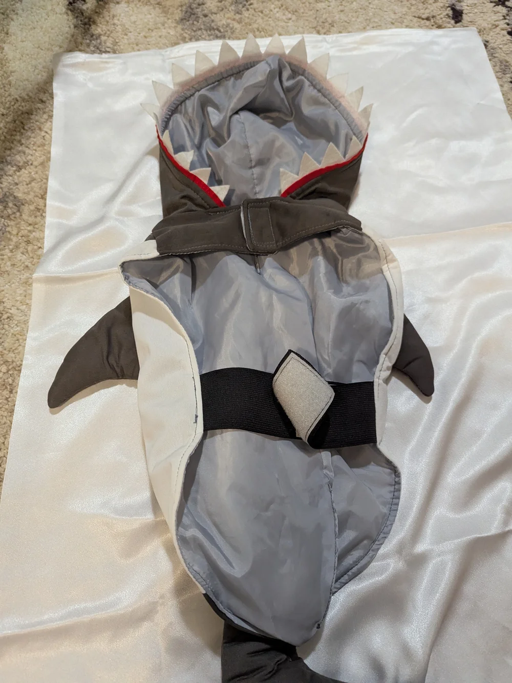 Gray Shark Plush Costume Hood with Red Trim For Dogs large